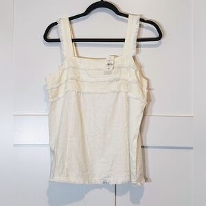 LOFT Outlet Linen Square Neck Tank Top Frayed Fringe Size Medium Off White NEW